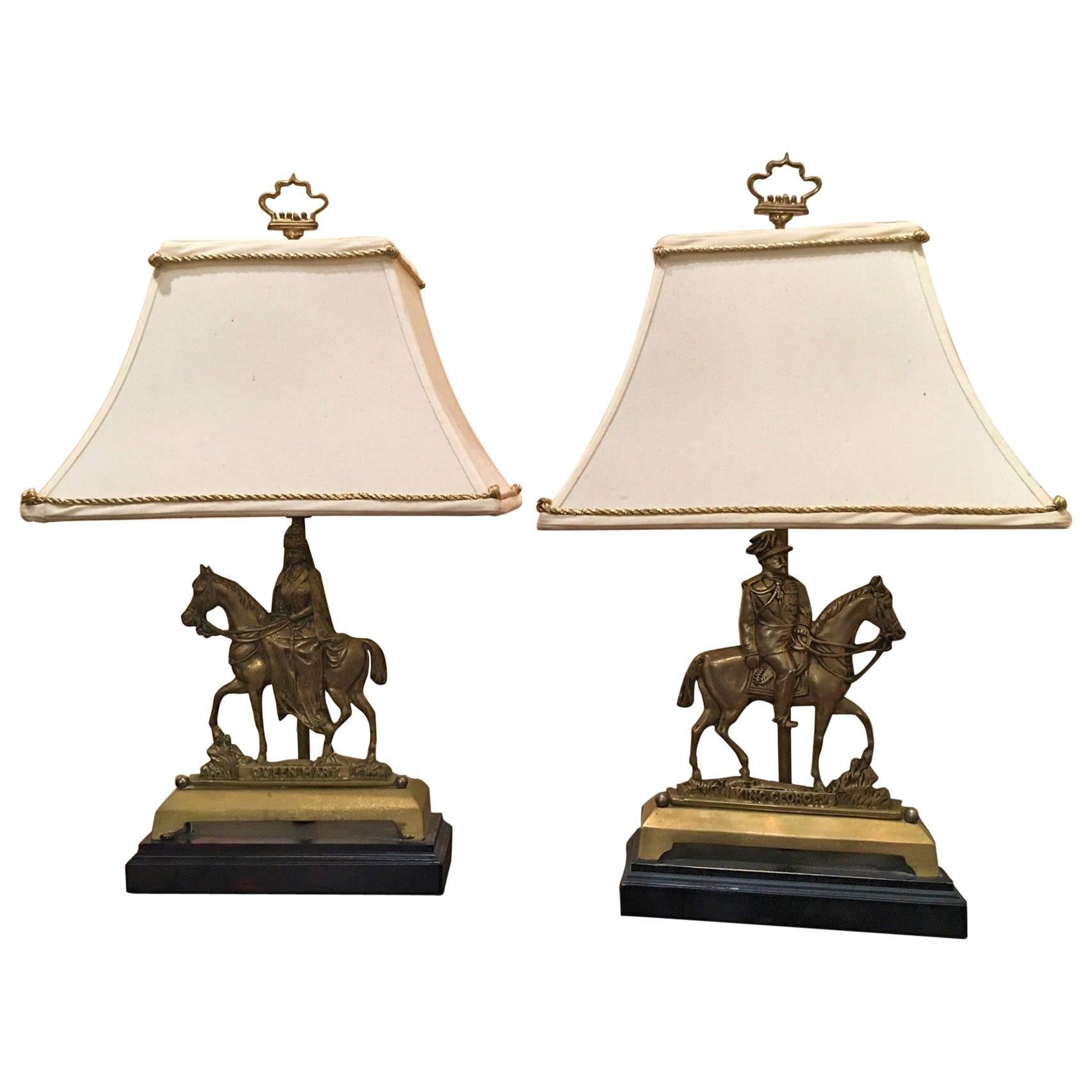Pair of Brass Chenets Adapted as Table Lamps on Wood Bases, 19th Century