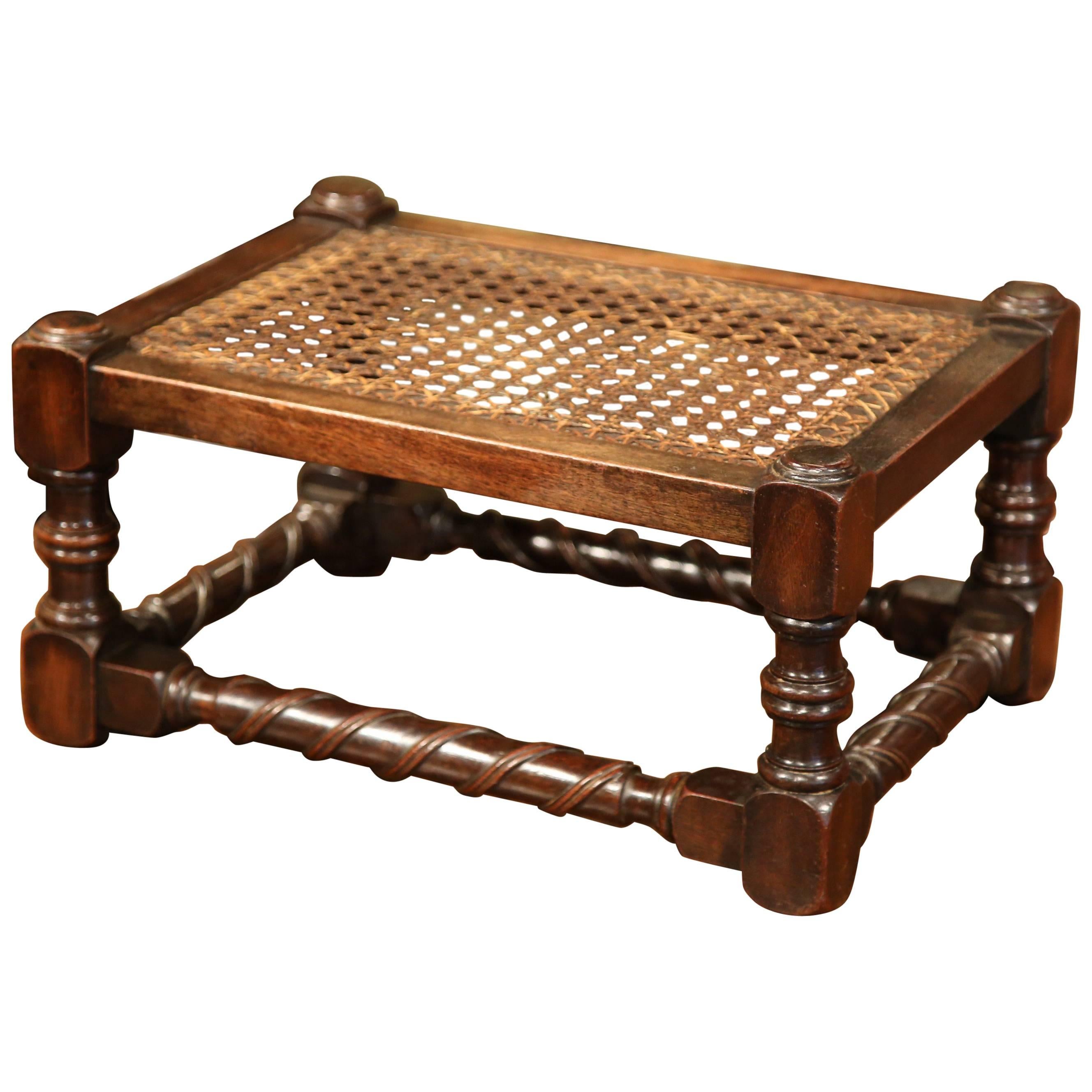 19th Century French Louis XIII Walnut Turned Legs Footstool with Cane Top