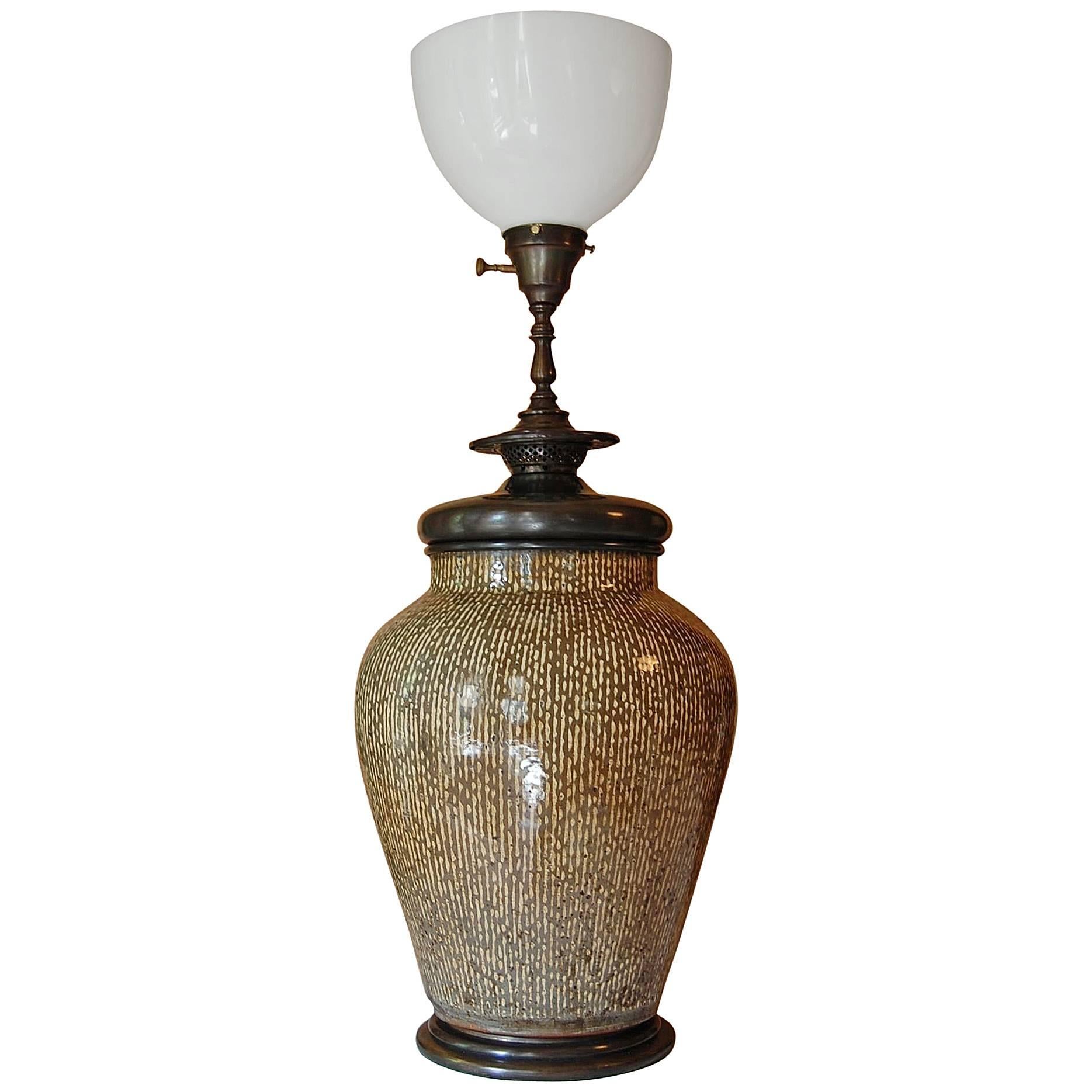 Large Asian Urn Wired as a Lamp with Bronze Base and Mounts, circa 1900 For Sale