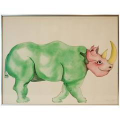 Signed Whimsical Watercolor of Rhinoceros by Anna Dibble, 1972 1