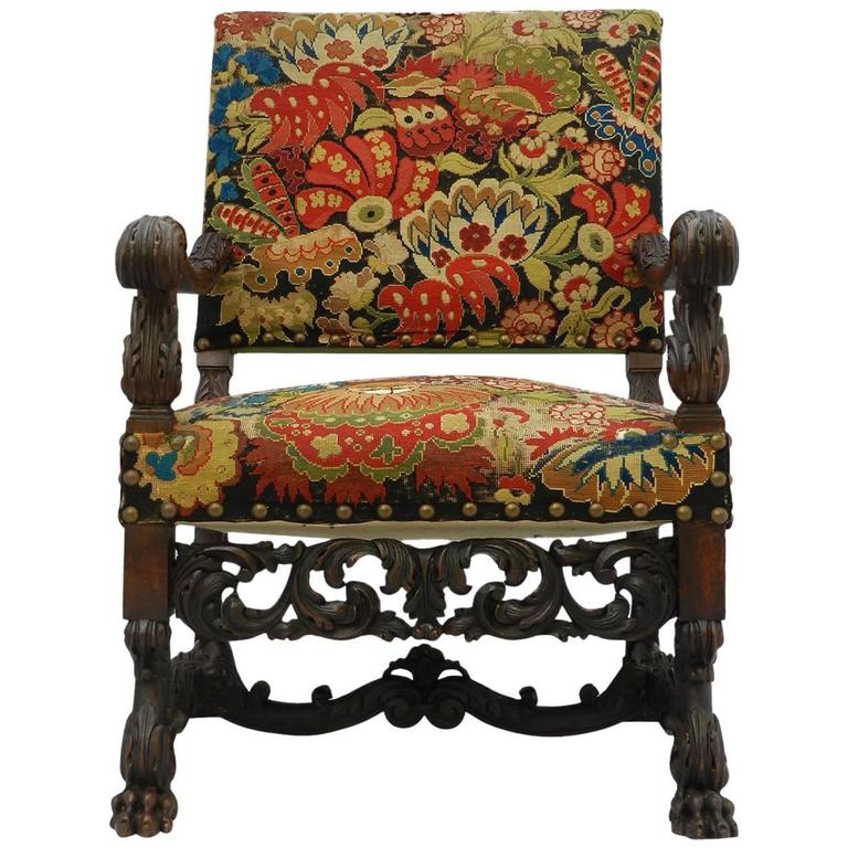 French Country House Armchair 19th Century Carved Gothic Renaissance