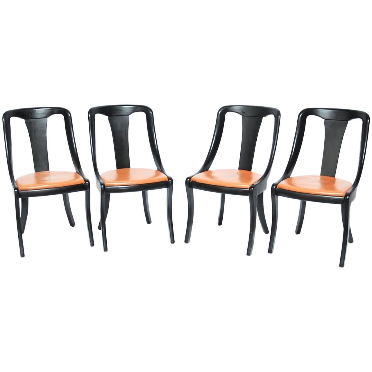 Set of Four Mid-Century Black Lacquer Scoop Dining Chairs