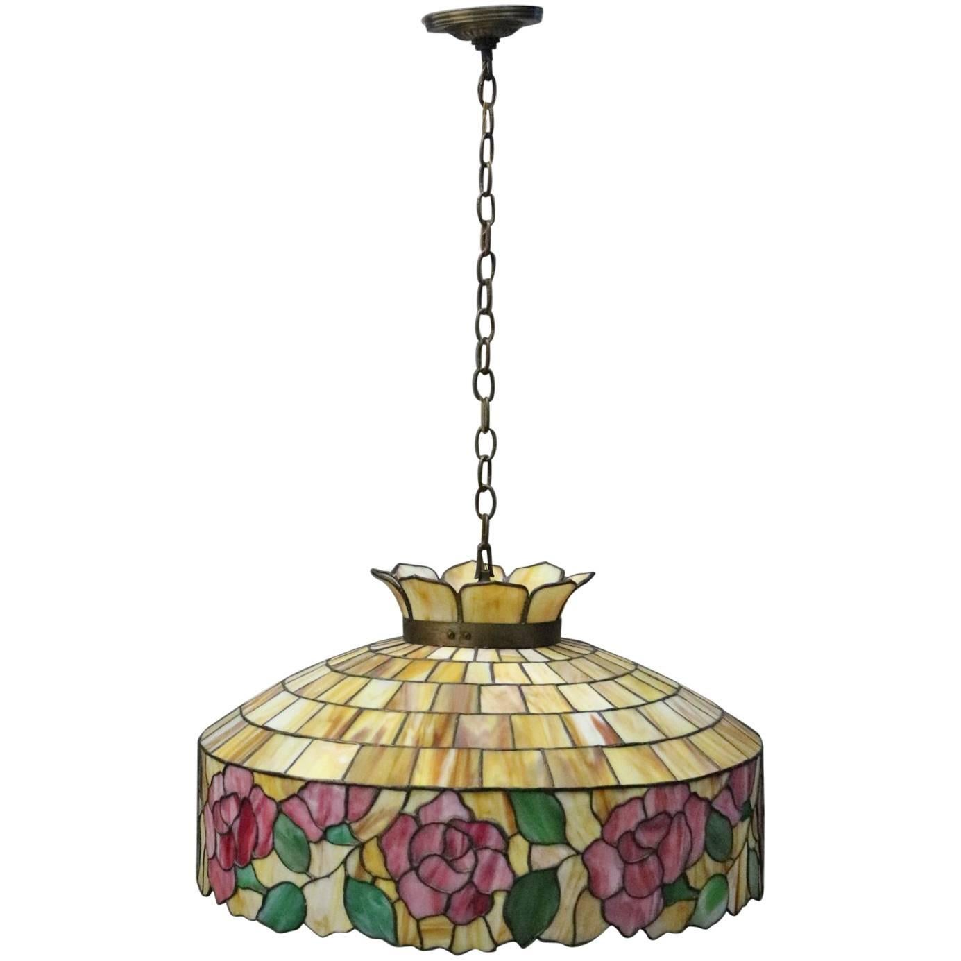 Arts & Crafts Wilkinson School Leaded Stained Glass Chandelier, circa 1920