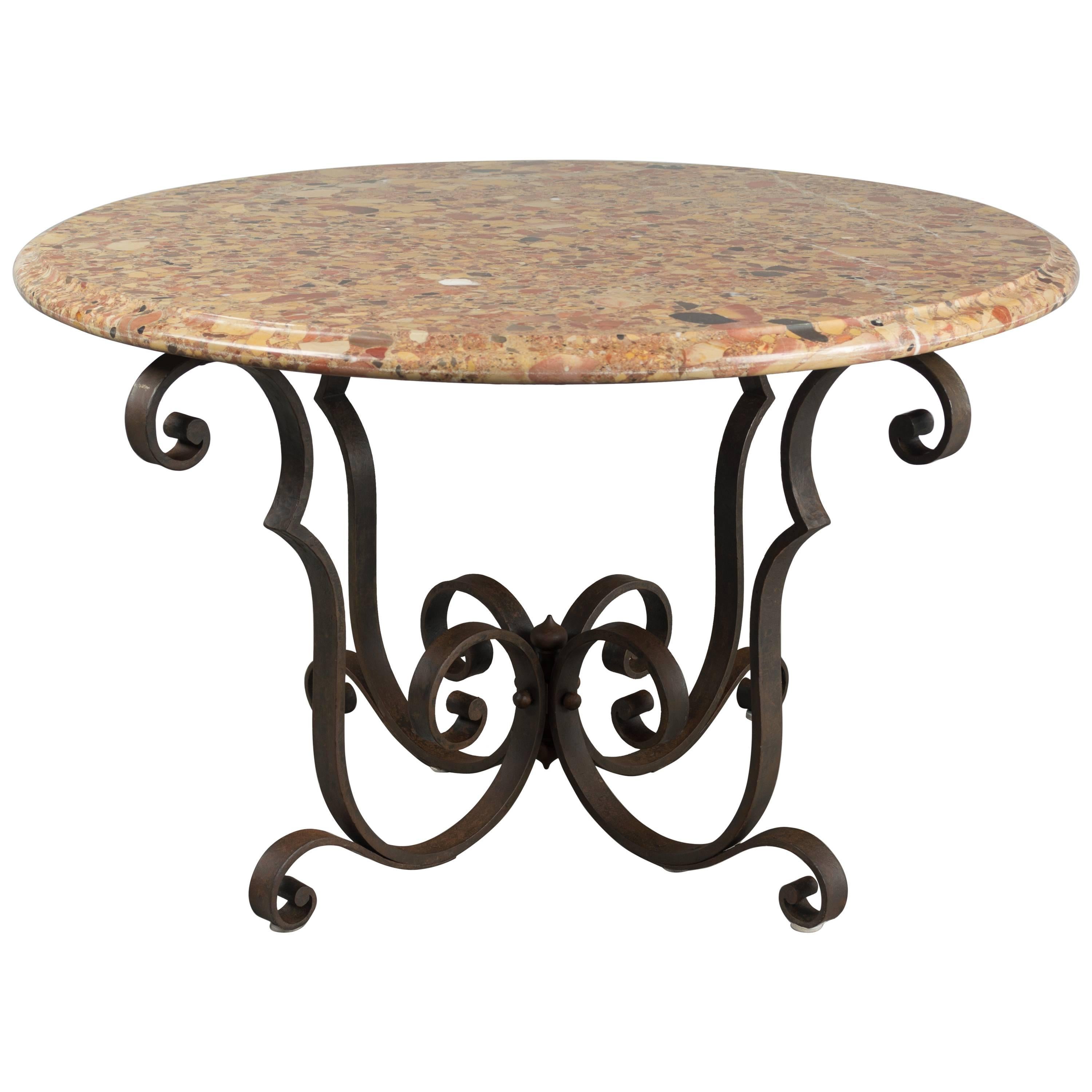 French Art Deco Wrought Iron Marble-Top Table For Sale