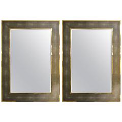 Pair of Grey Shagreen with Brass Framed Mirrors