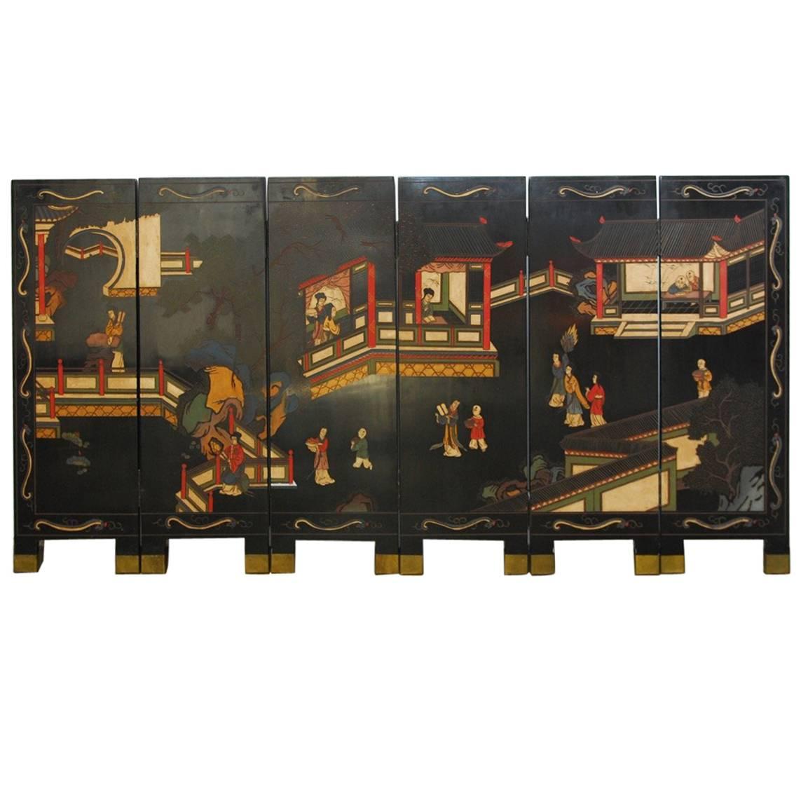 Chinese Lacquered Six-Panel Coromandel Table Screen