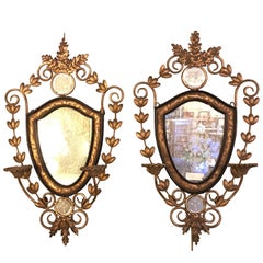 Pair of Metal Wall Sconces with Antique Mirror Backs