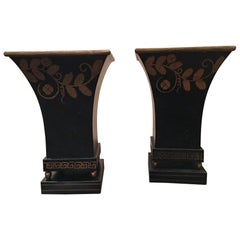 Pair of French Empire Style Black Painted Tole Urns, Early 20th Century