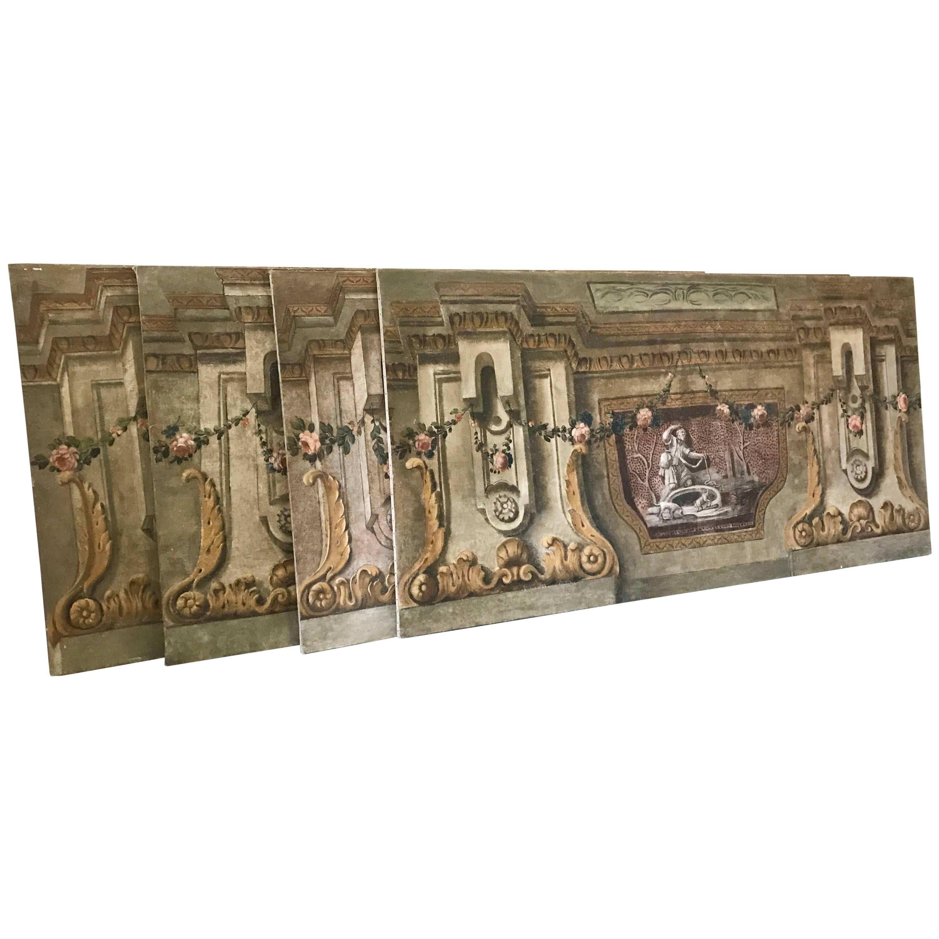Rare Set of Four Italian 18th Century Panels, Gouache on Canvas For Sale
