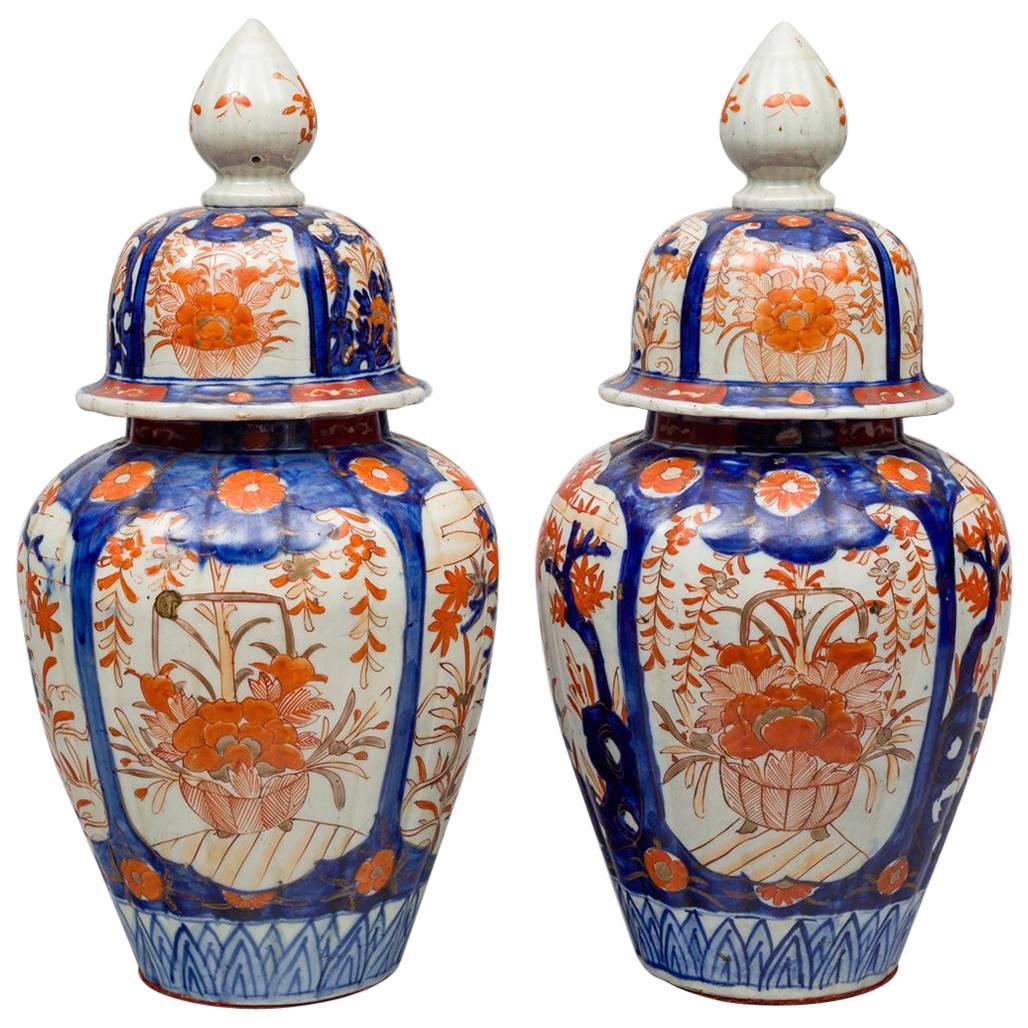 Pair of Large Imari Vases with Lids, circa 1890