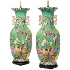 Pair of English 19th-20th Century Chinoiserie Style Porcelain Vases Table Lamps