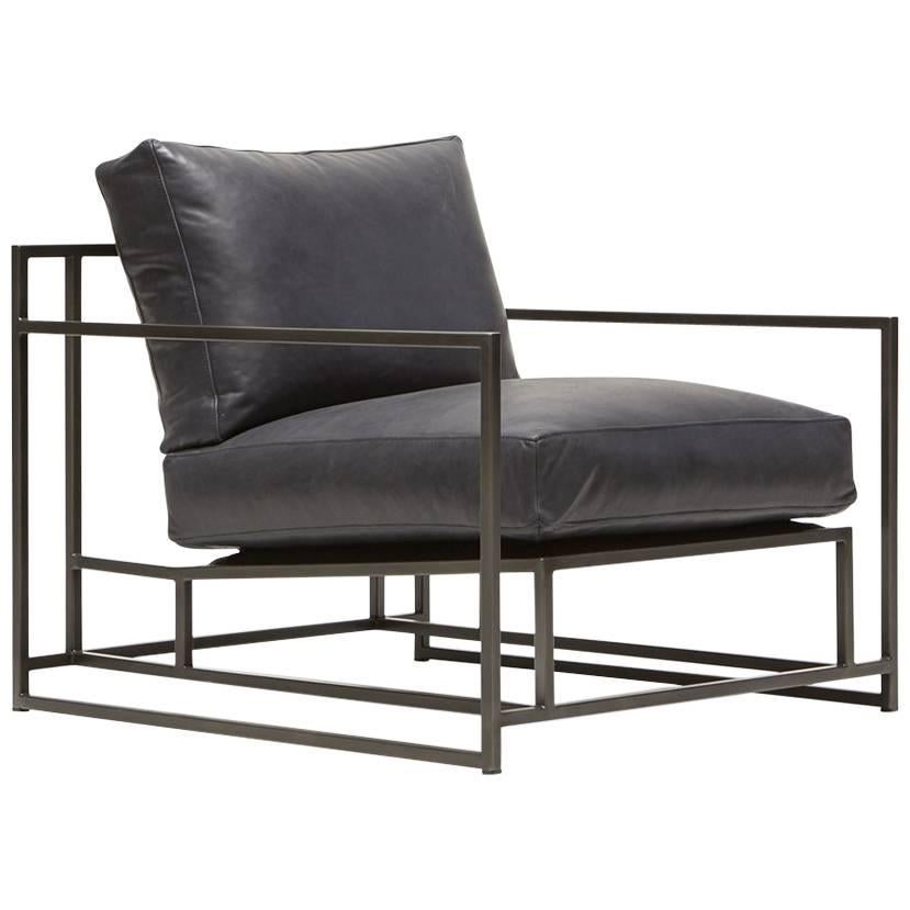 Providence Blue Smoke Leather and Blackened Steel Armchair V1 For Sale