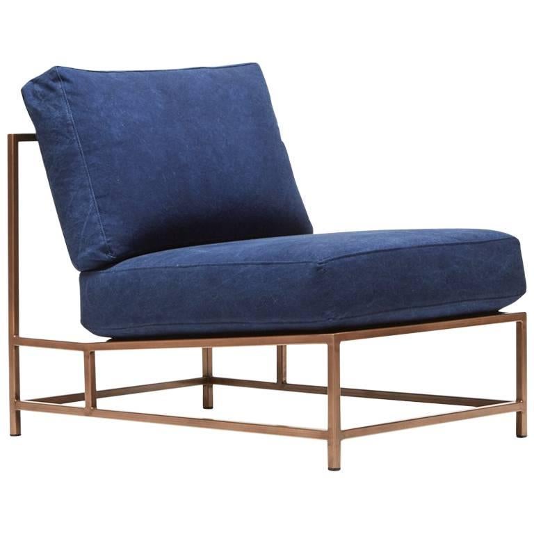 IHandgefärbter Stuhl aus indigofarbenem Segeltuch und antikem Kupfer im Angebot