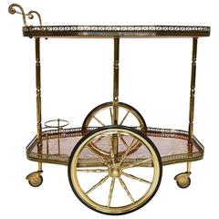 Vintage Mid-Century French Brass and Wood Bar Trolley