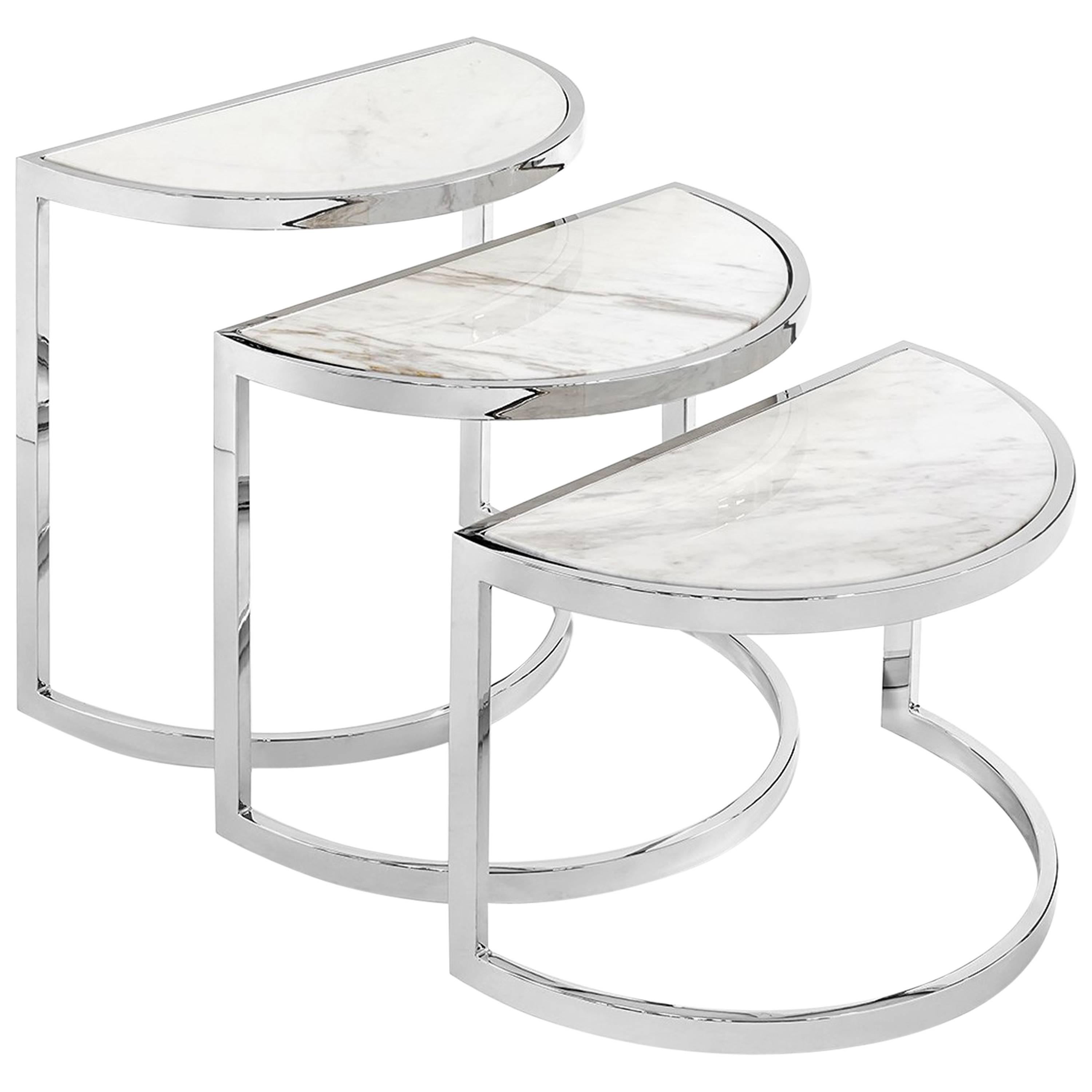 Half Moon Side Table Set of Three with White Marble Top or Glass Top