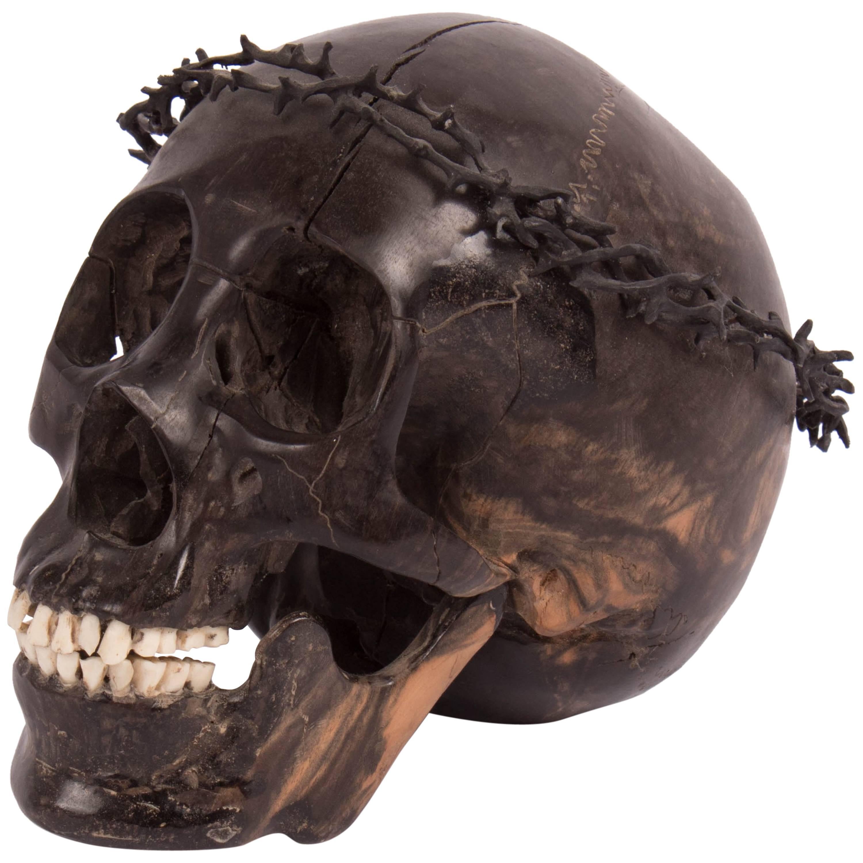 Carved Wooden Skull with Crown of Thorns