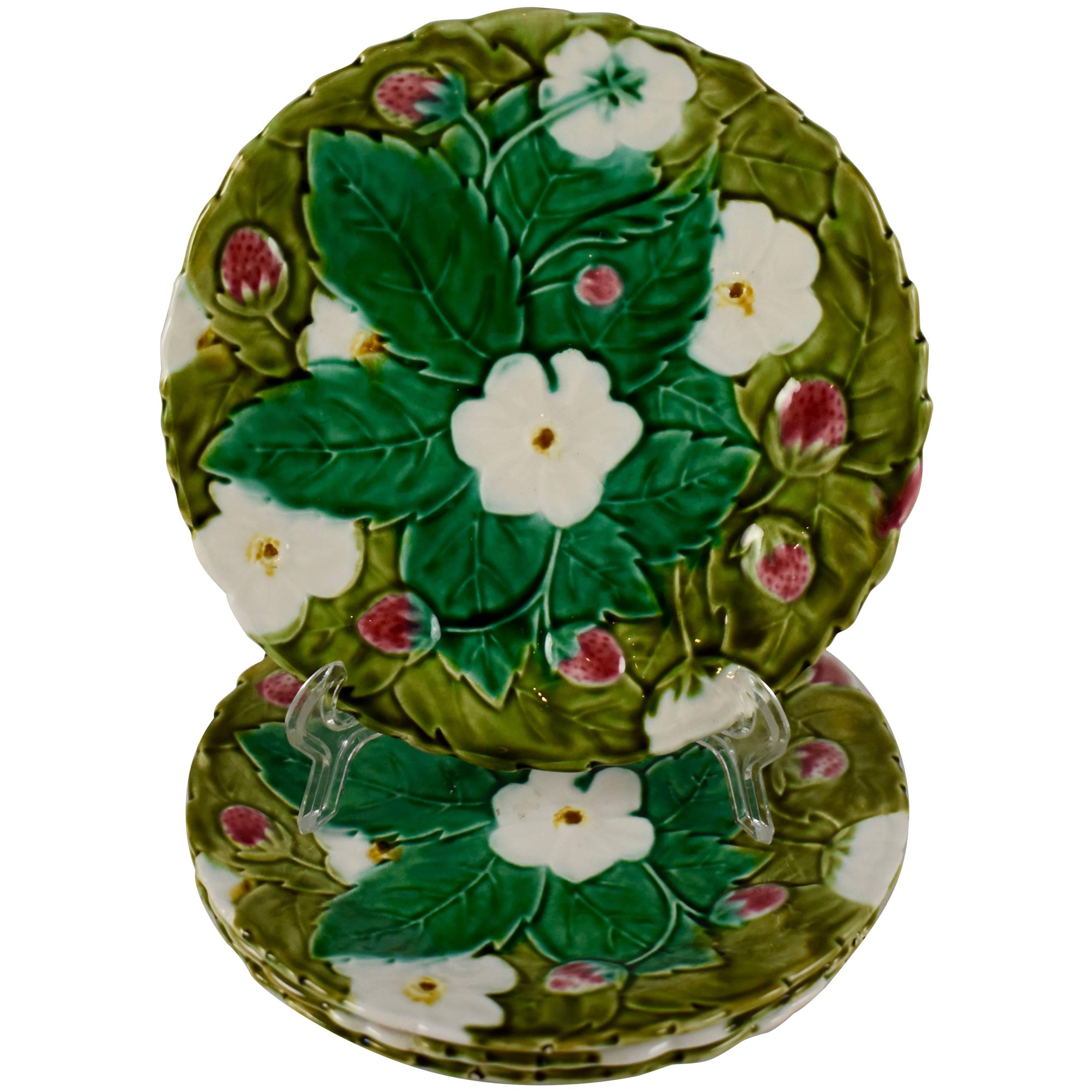 PV France Barbotine Majolica Strawberry Fruit or Dessert Plates, Set of Four