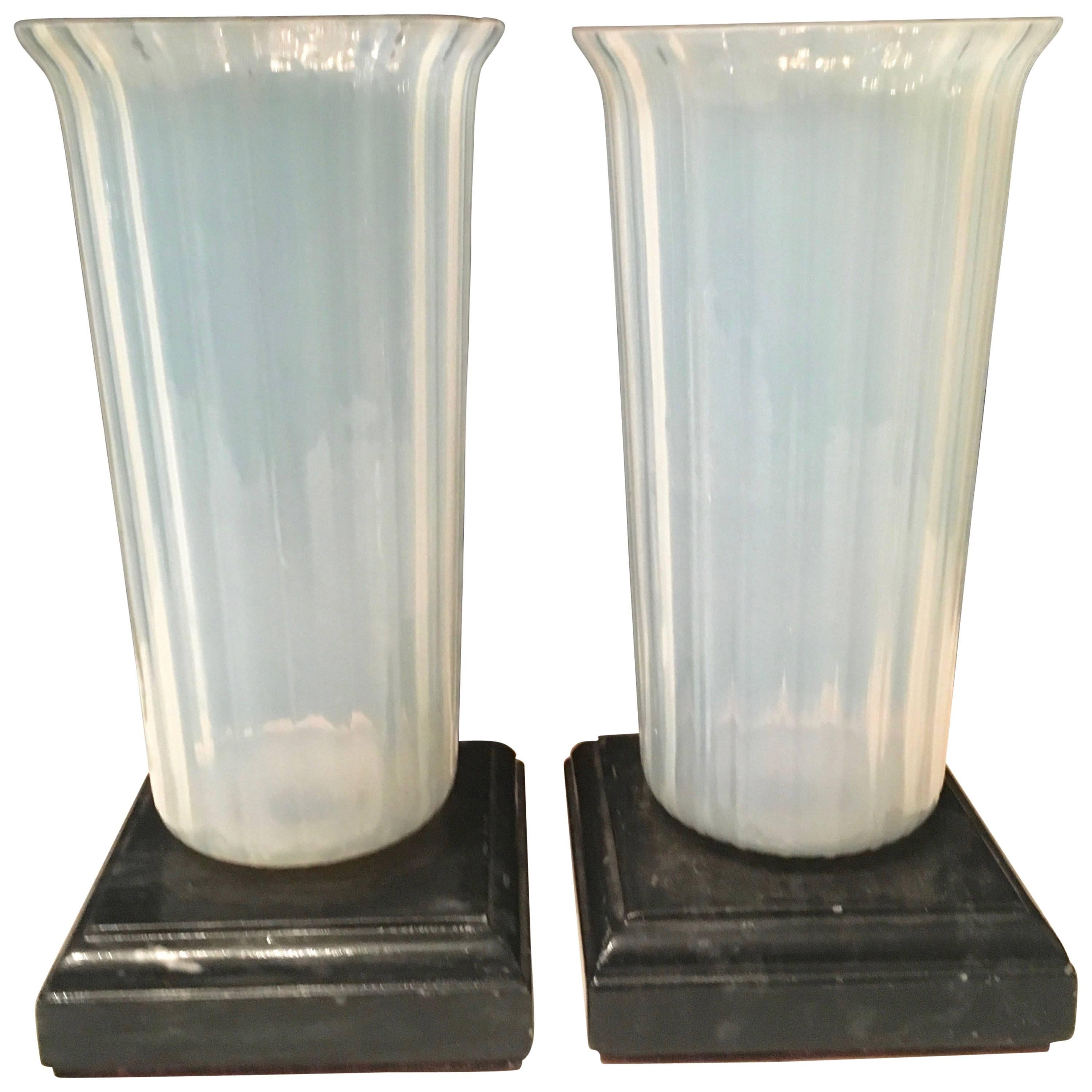 Pair of Opaline Murano Vases on Marble Bases