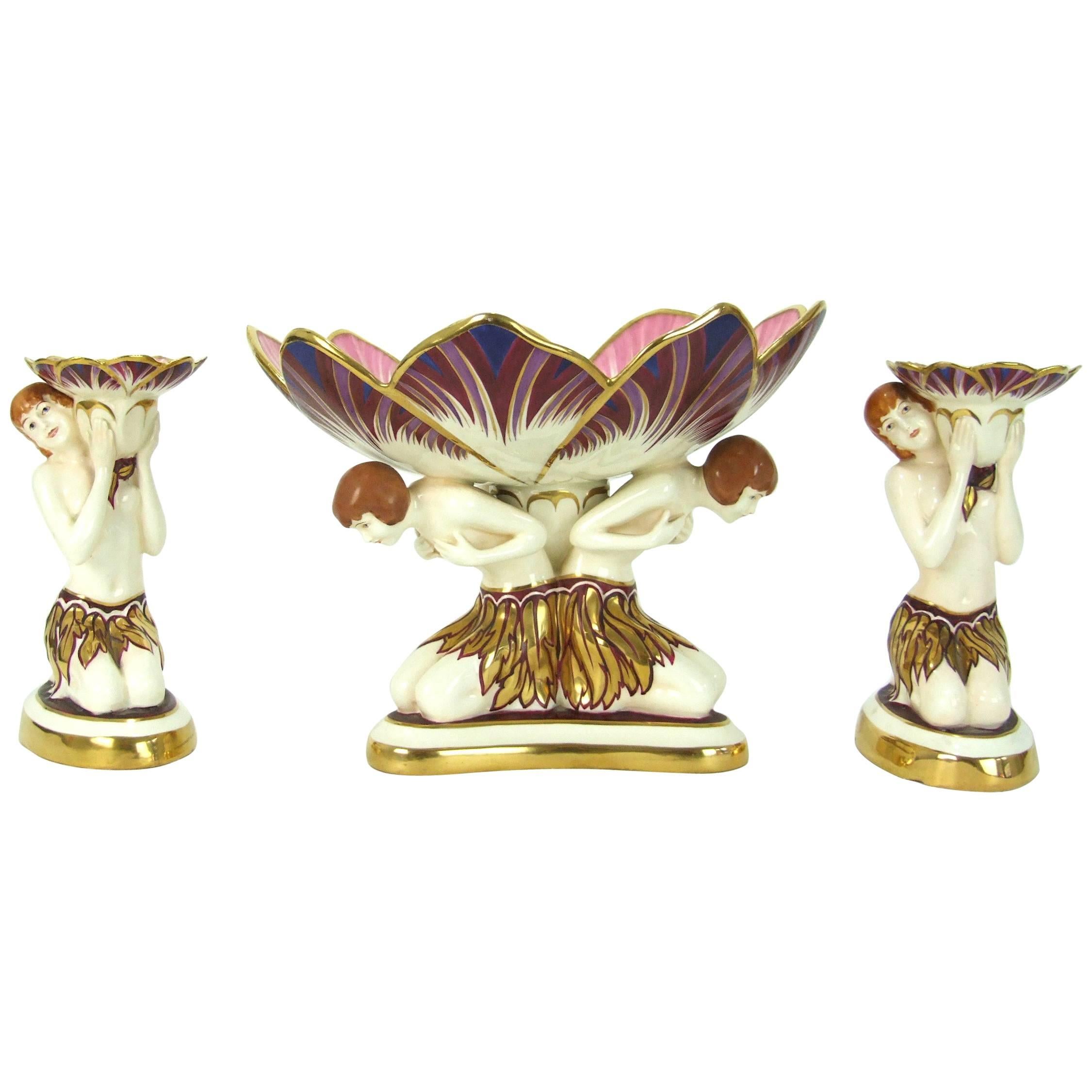 Tazza and Candlestick Set by Royal Dux For Sale
