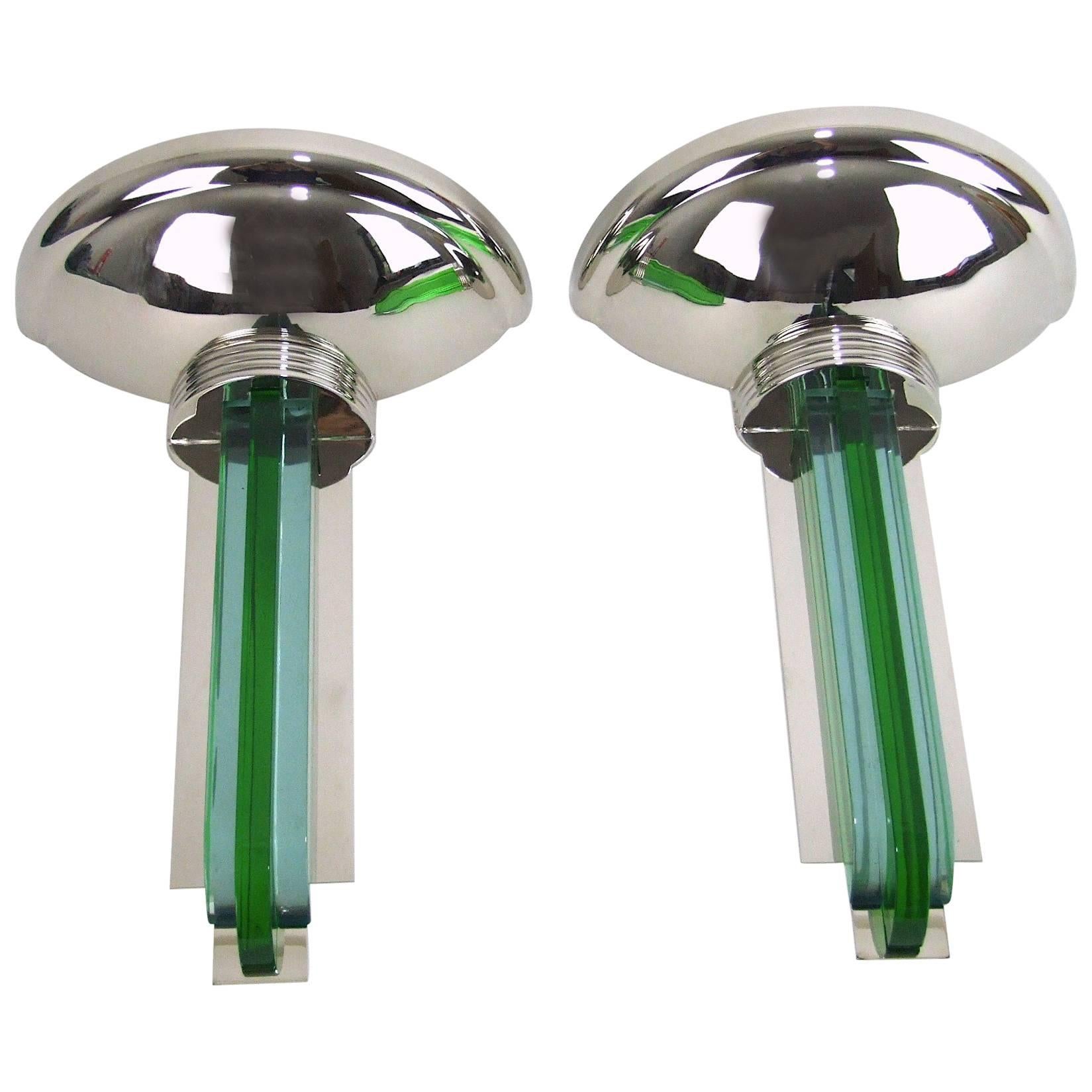Chromed Metal and Green Glass Wall Lights For Sale