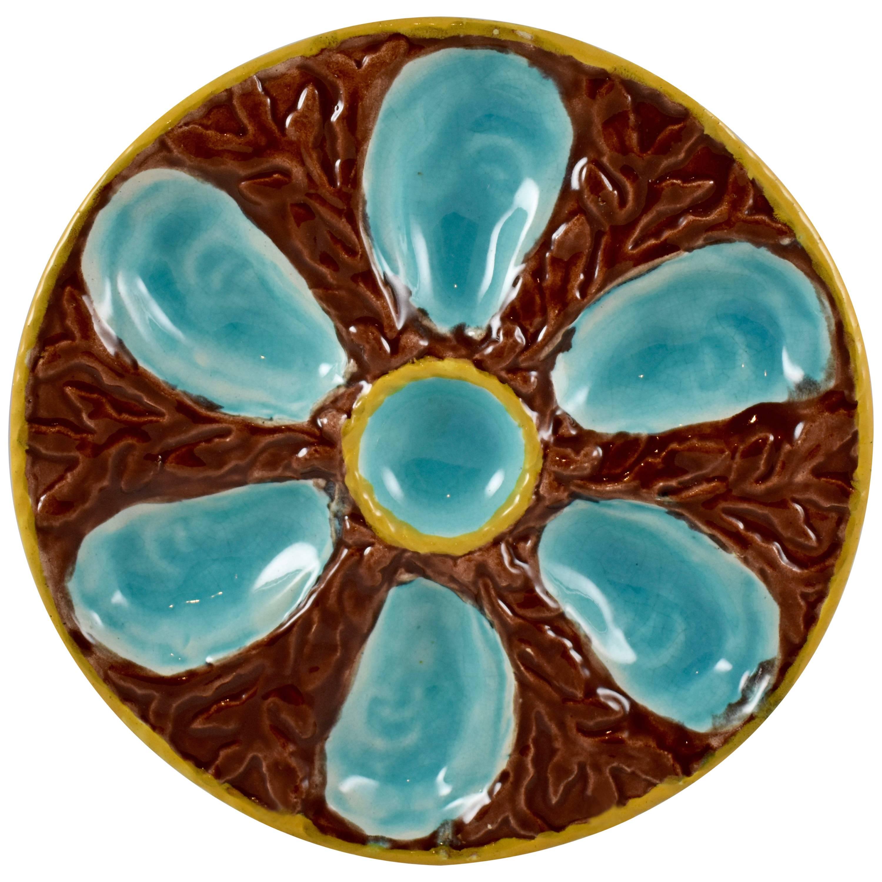 S. Fielding & Co. English Majolica Brown/Turquoise Seaweed Oyster Plate For Sale