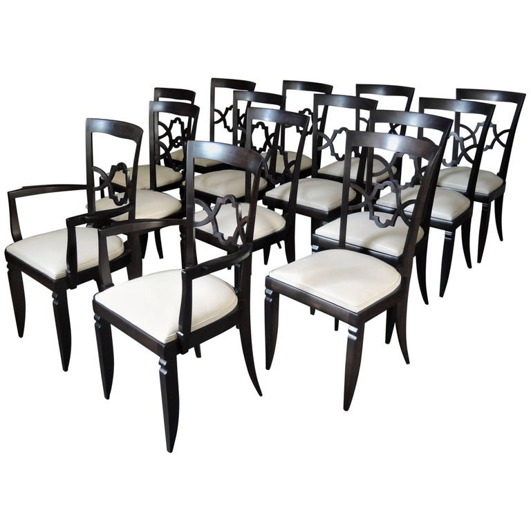 Set of 12 French Art Deco Side and TwoArm Dining Chairs For Sale at