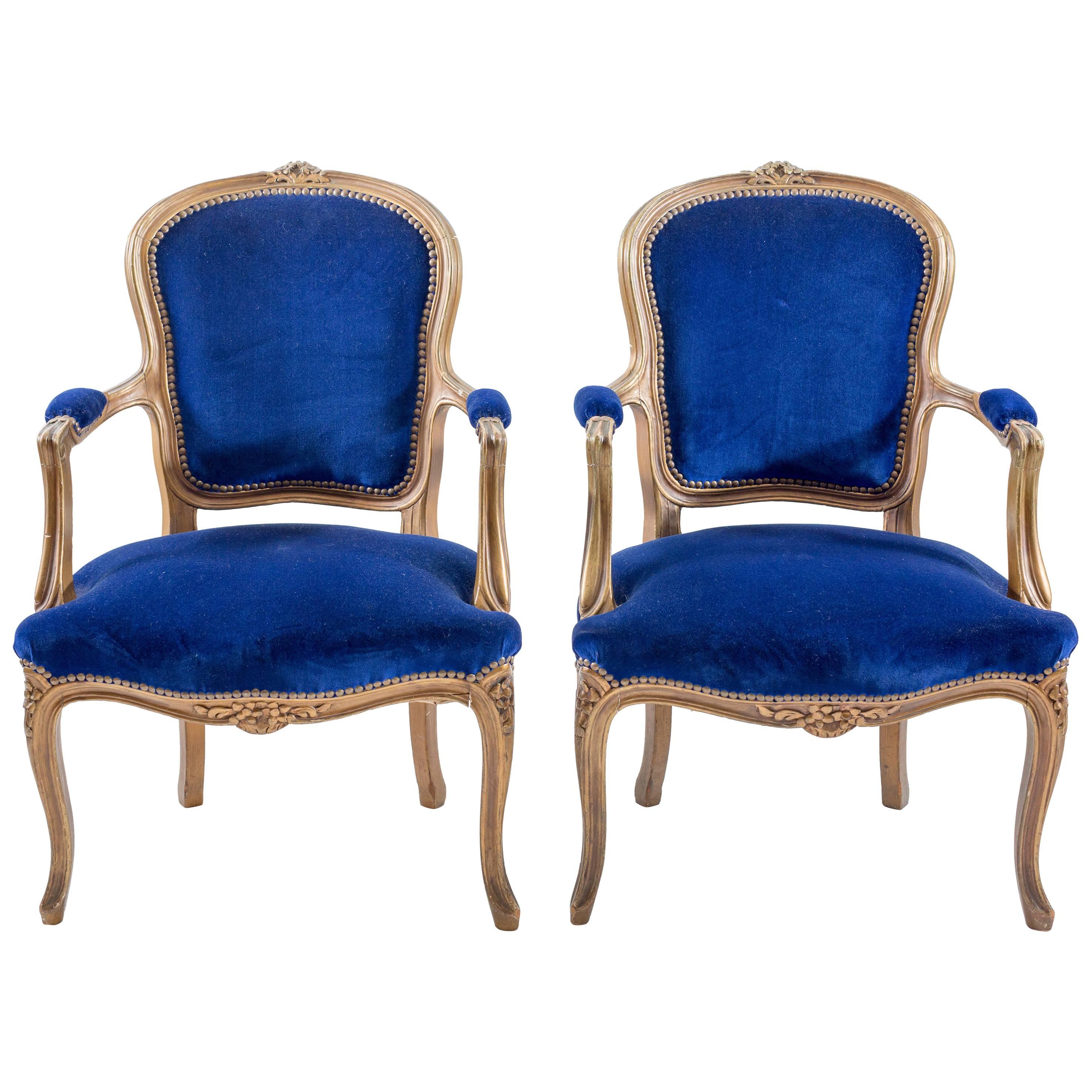 Pair of Cobalt Blue Velvet Louis Bergere Padded Armchairs