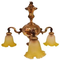Brass Three-Arm Ceiling Light with Lemon Vaseline Glass Shades