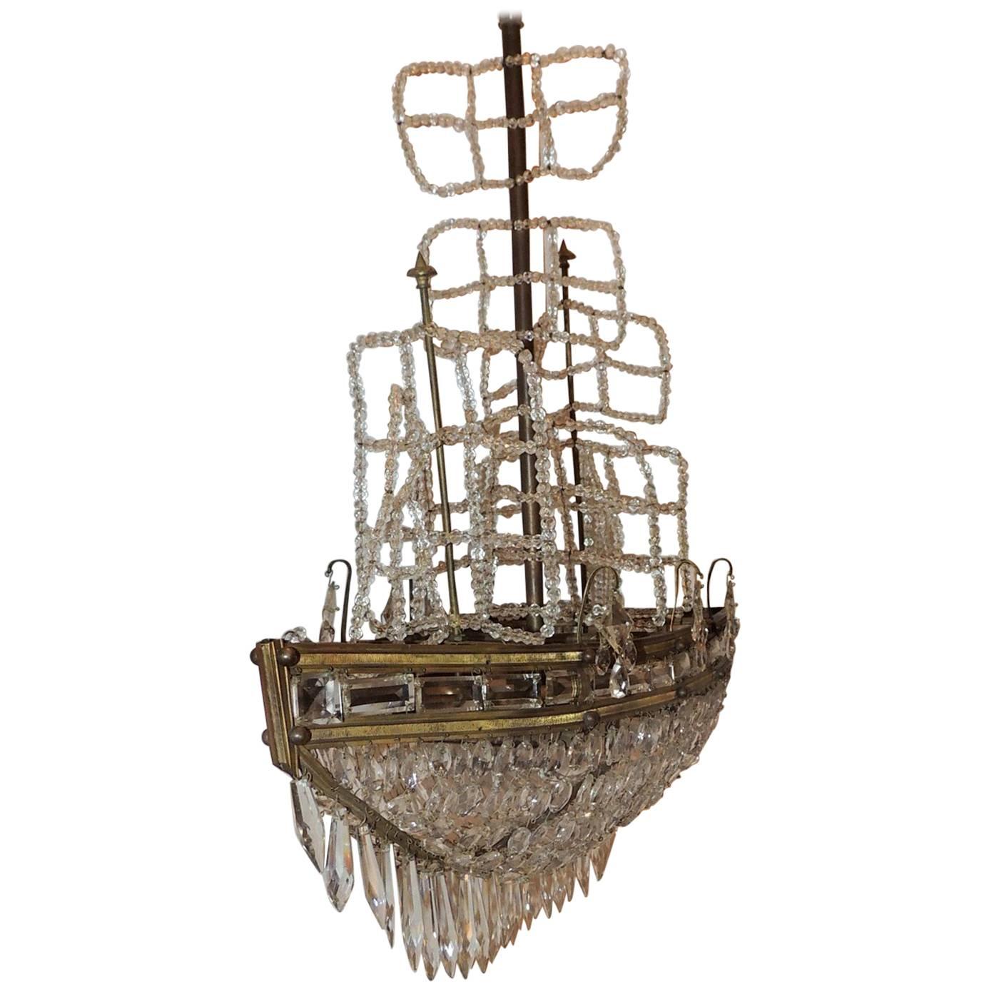 Wonderful Beaded Crystal Bronze Sailboat Ship Boat Chandelier Five-Light Fixture