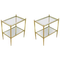 Pair of Brass End Tables with Glass and Mirrored Shelves in the Style of Jansen