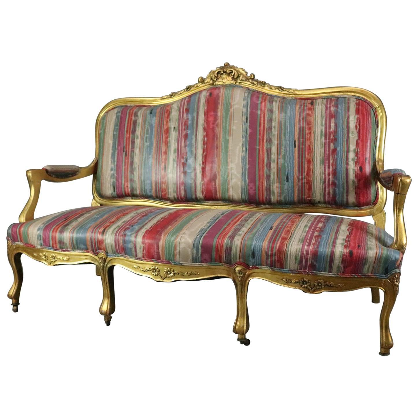 Antique French Louis XIV Style Carved Giltwood Upholstered Settee, circa 1870