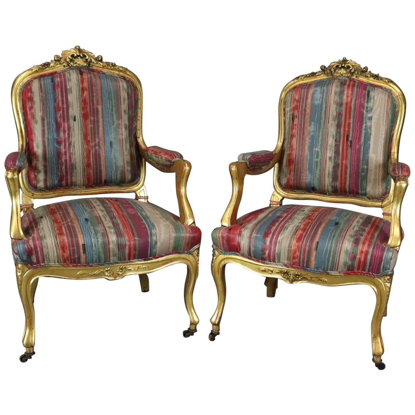Pair Antique French Louis XIV Style Carved Giltwood Upholstered Armchairs, c1870