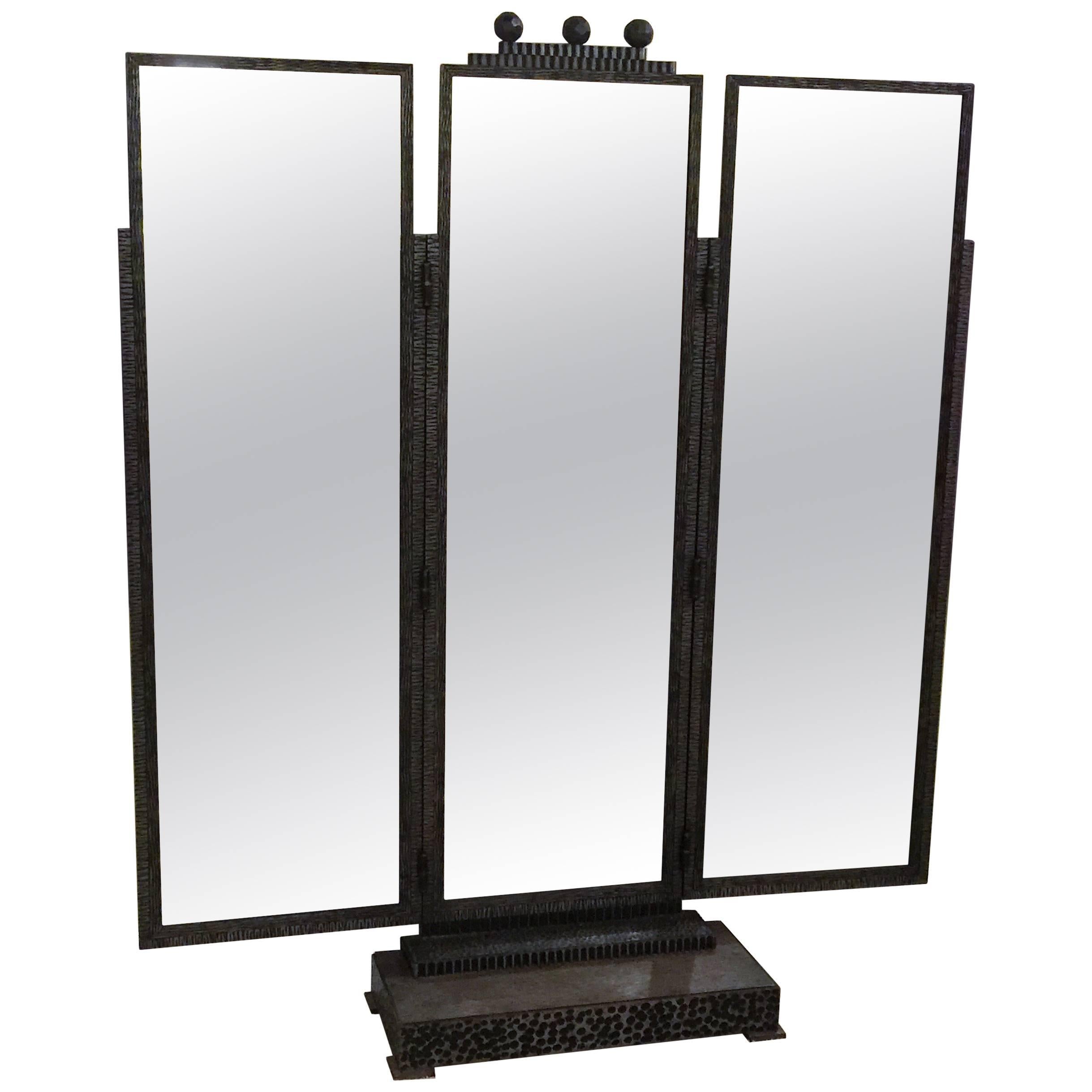 Beautiful Jules Buoy Art Deco Wrought Iron Trifold Floor Standing Mirror For Sale