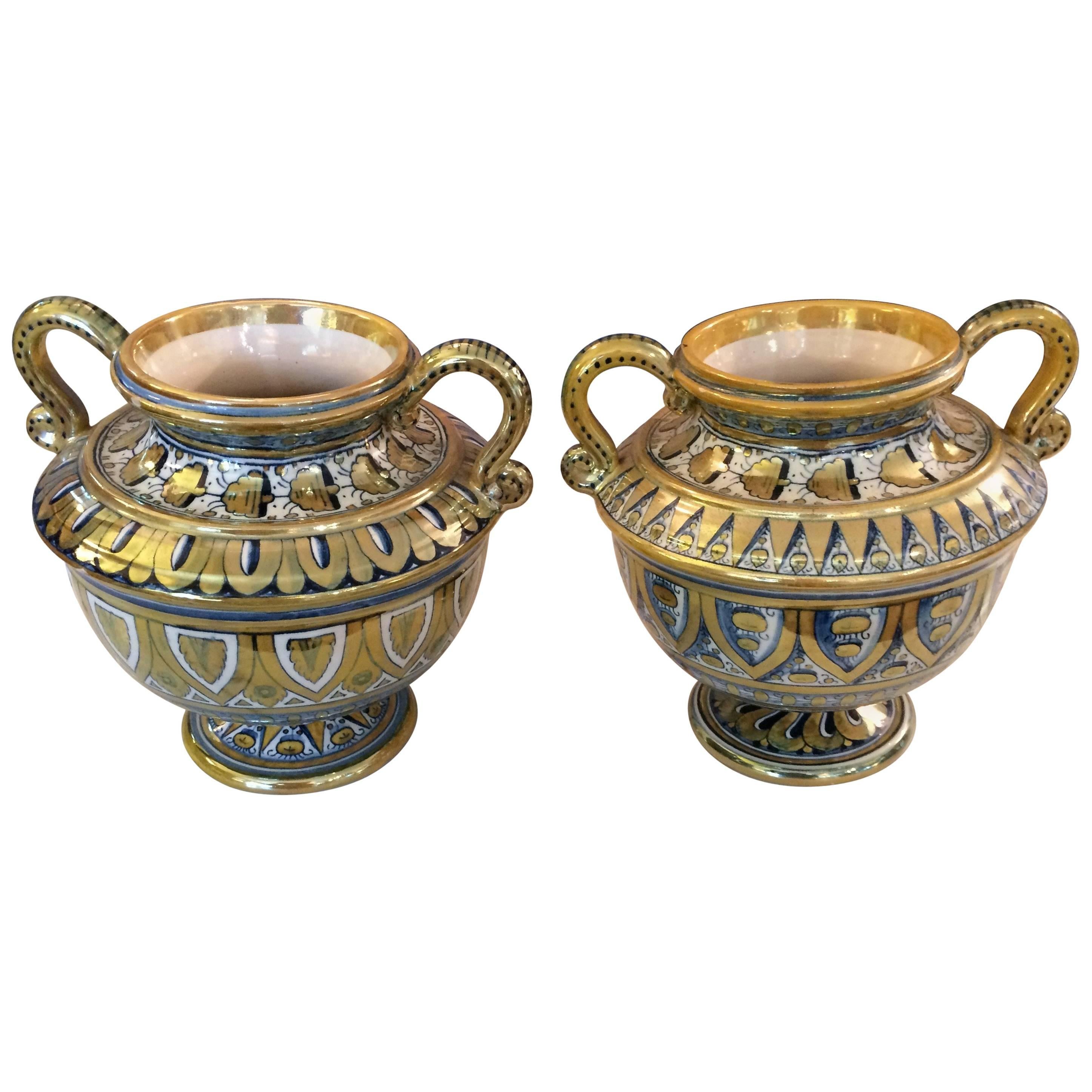 Glistening Pair of Small Italian Lusterware Compotes Urns For Sale