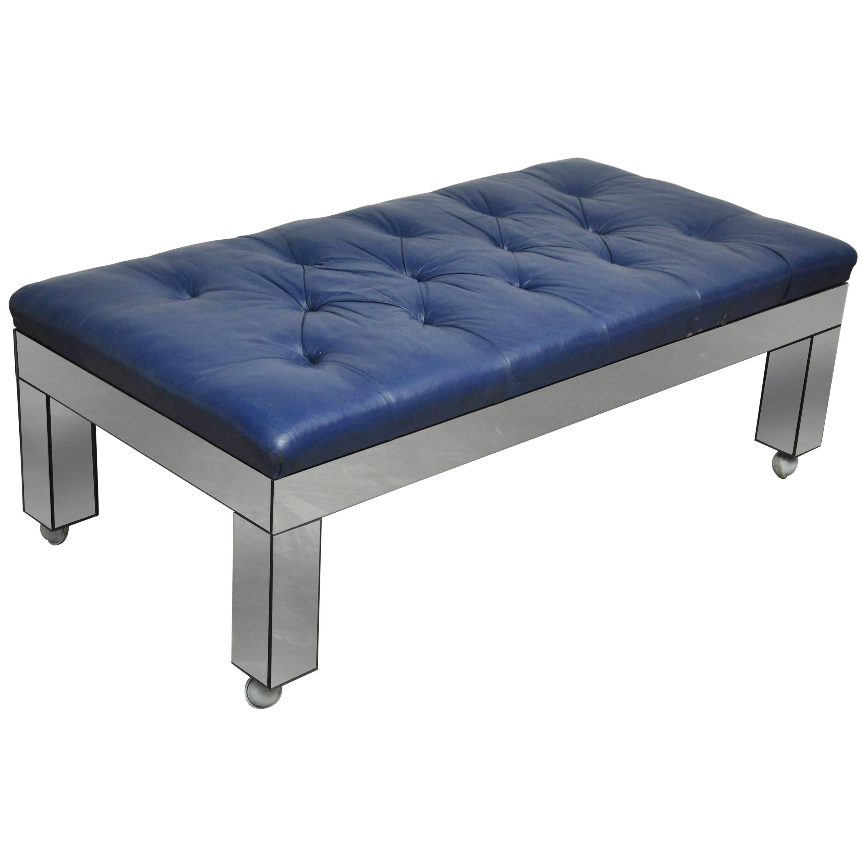 Blue Leather and Mirror Clad Bench
