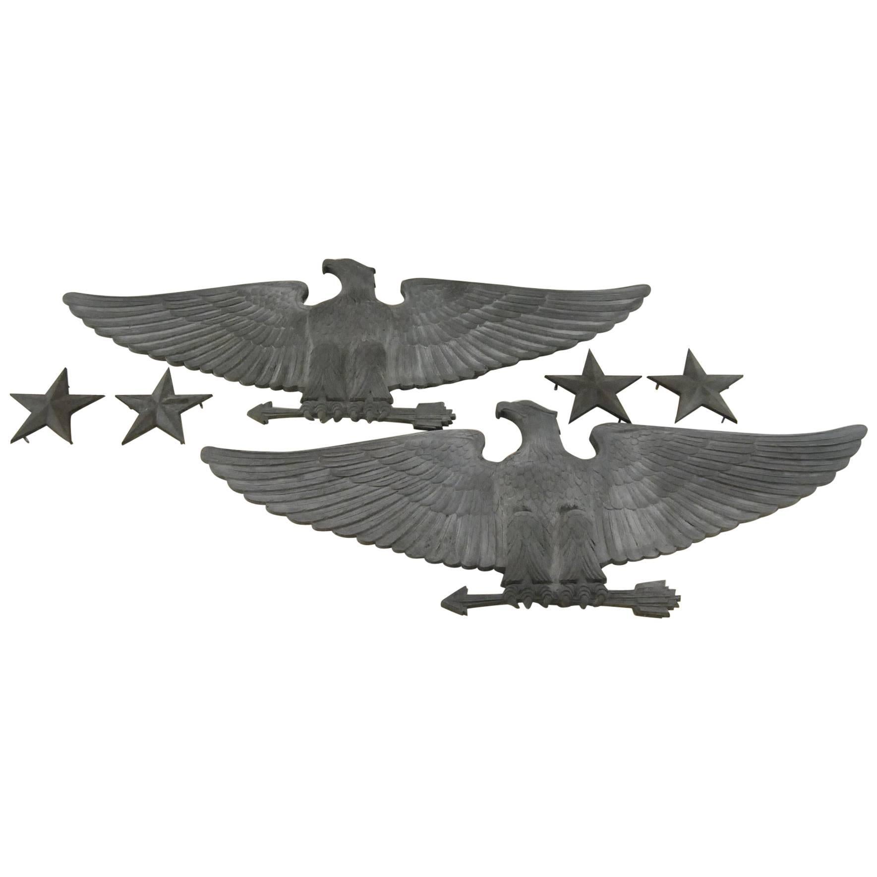 Massive Pair of Bronze Building Eagles with Two Pairs of Stars Five Foot Wide
