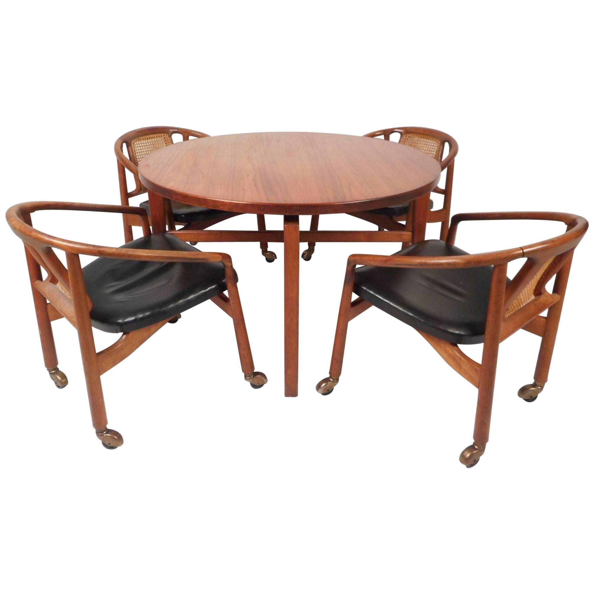 Mid-Century Modern Revolving Card Table and Dining Chairs by Jens Risom