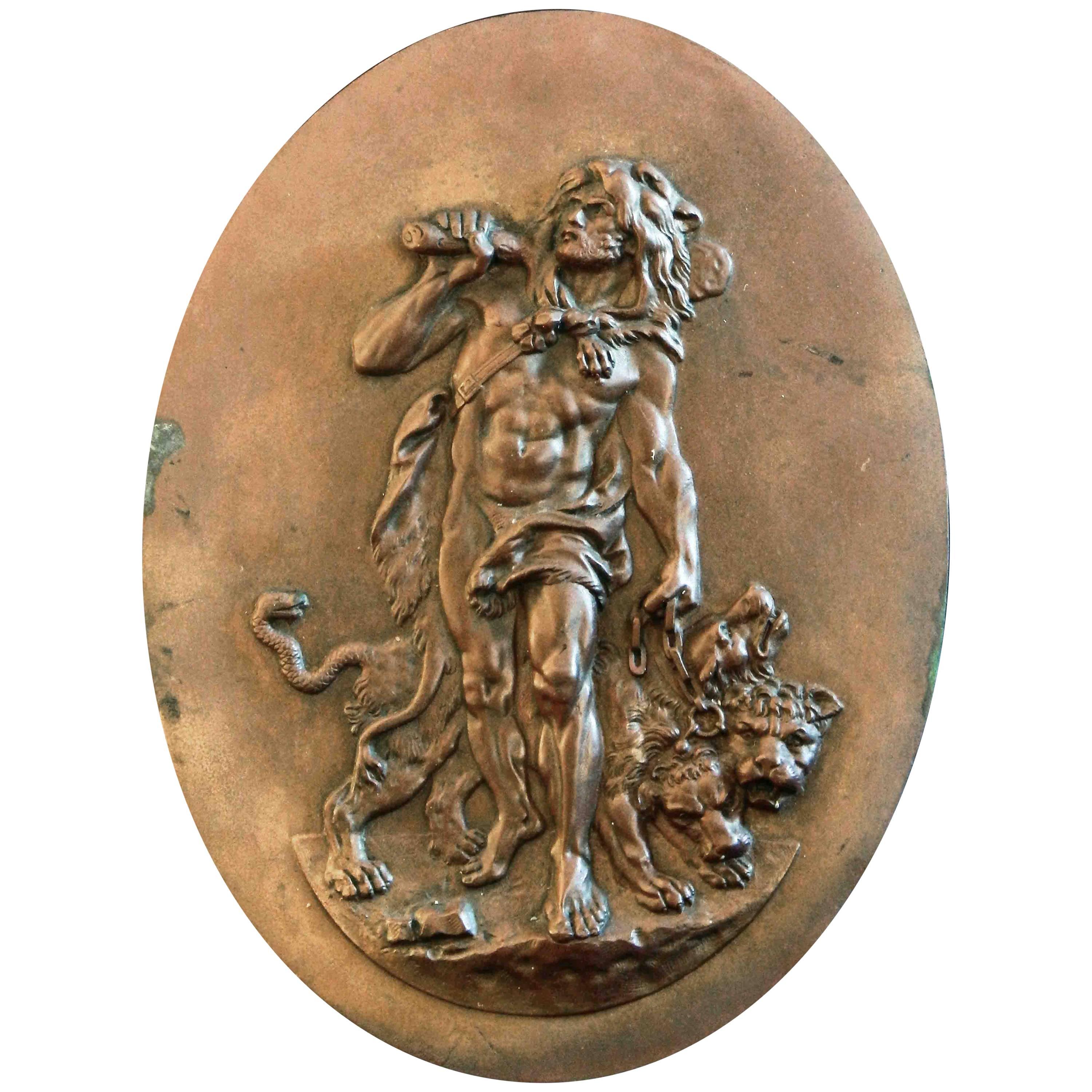 "Twelfth Labor of Hercules, " Bronze Relief Panel Depicting Hercules & Cerberus For Sale