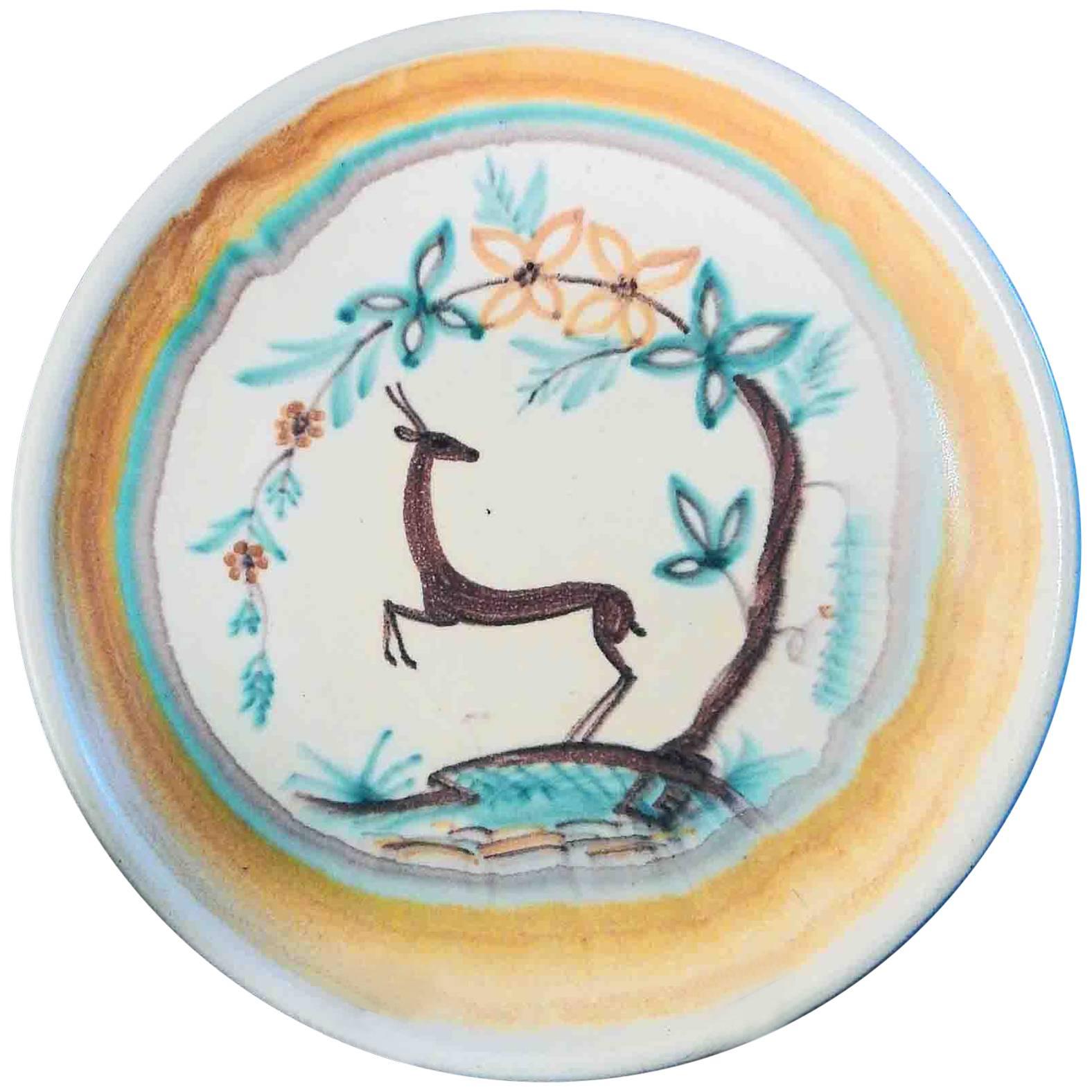 "Rearing Deer, " Large, Rare Art Deco Low Bowl in Yellow and Blue, Finland For Sale
