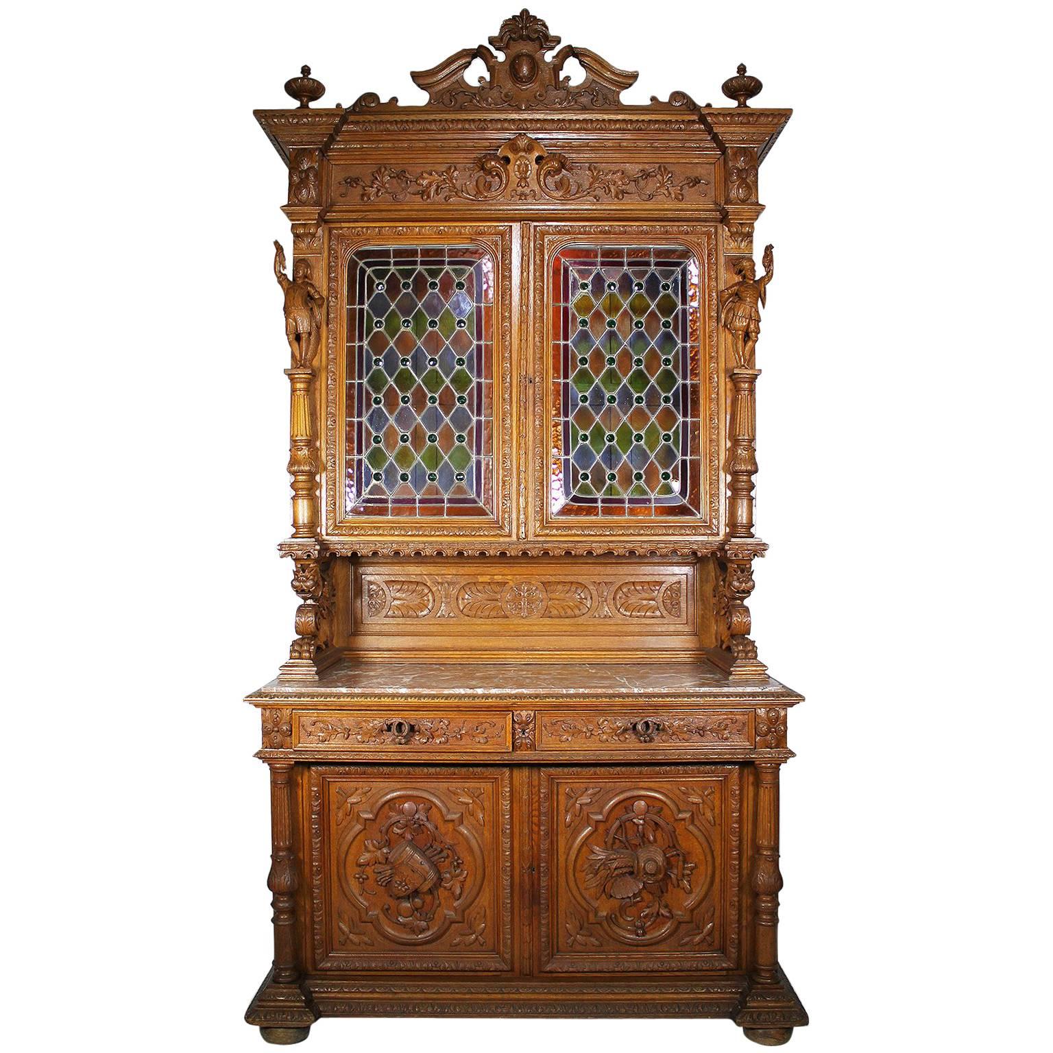 Large Italian 19th Century Baroque Style Oak-Carved Figural Credenza Cabinet
