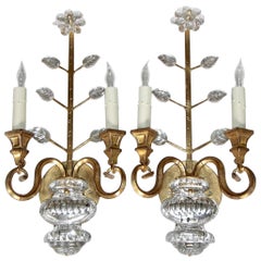 Pair of Baguès Style French Crystal Gilt Flower Wall Sconces