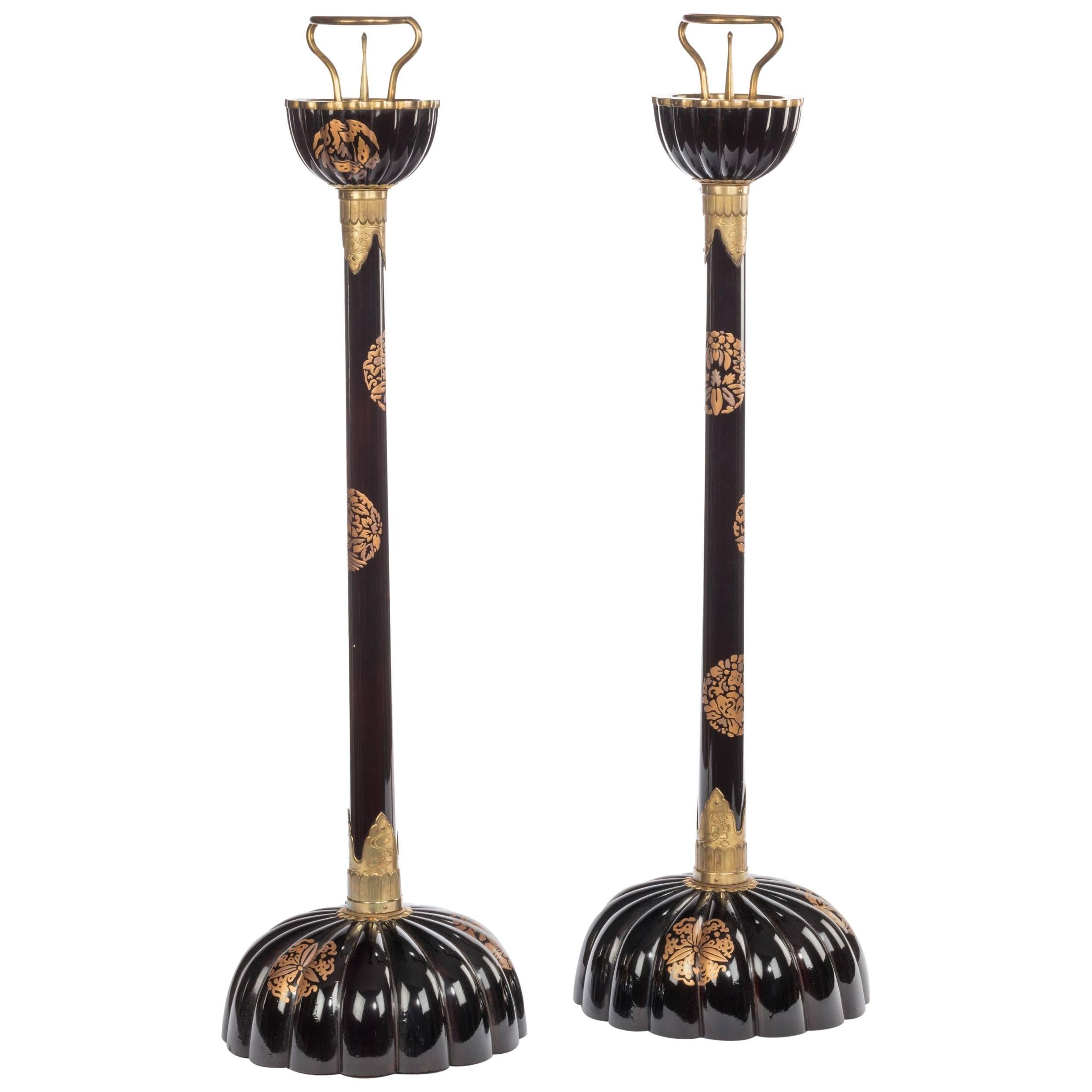 Rare Pair of Meiji Period Lacquer Temple Candlesticks