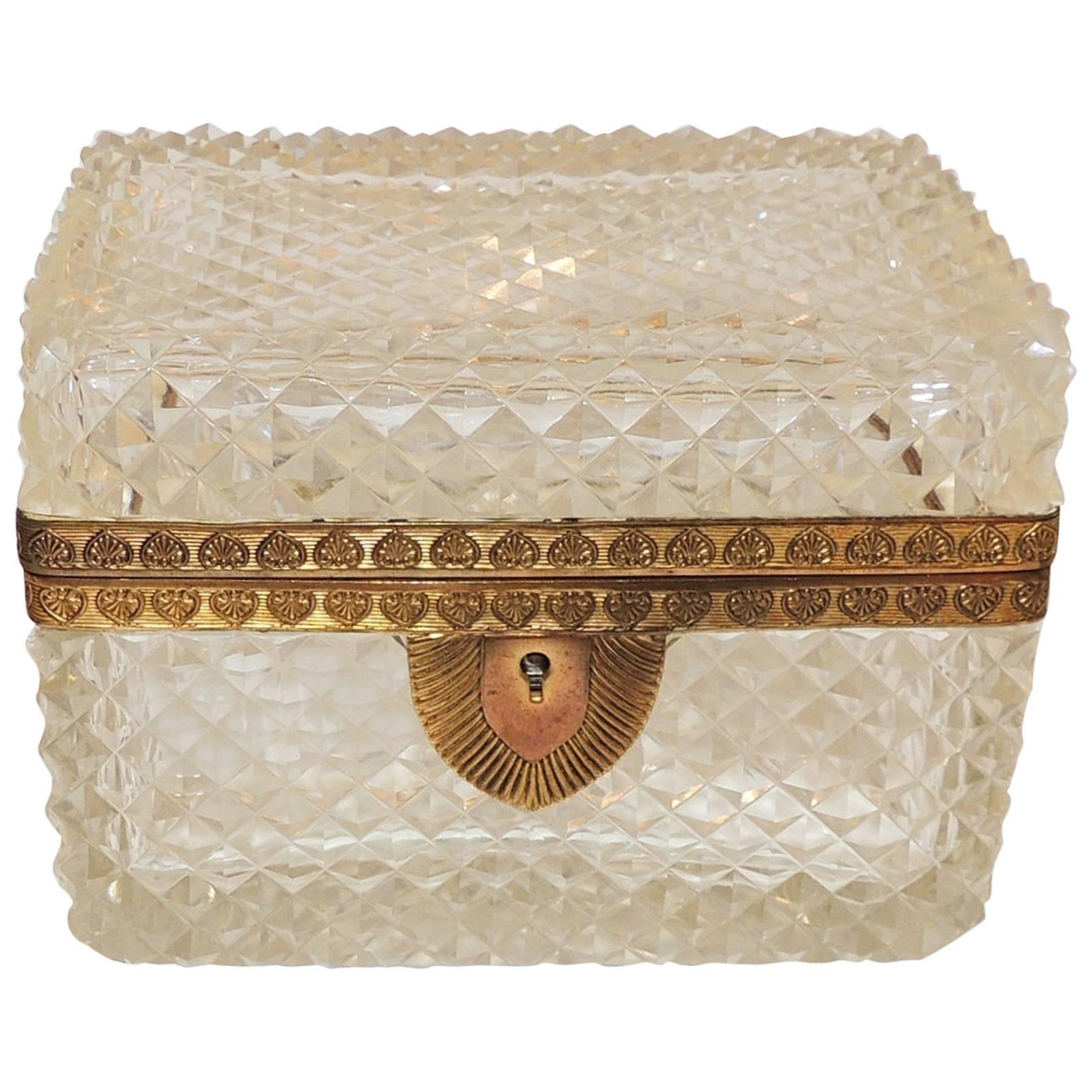 Wonderful French Diamond Cut Faceted Crystal Bronze Ormolu Casket Jewelry Box