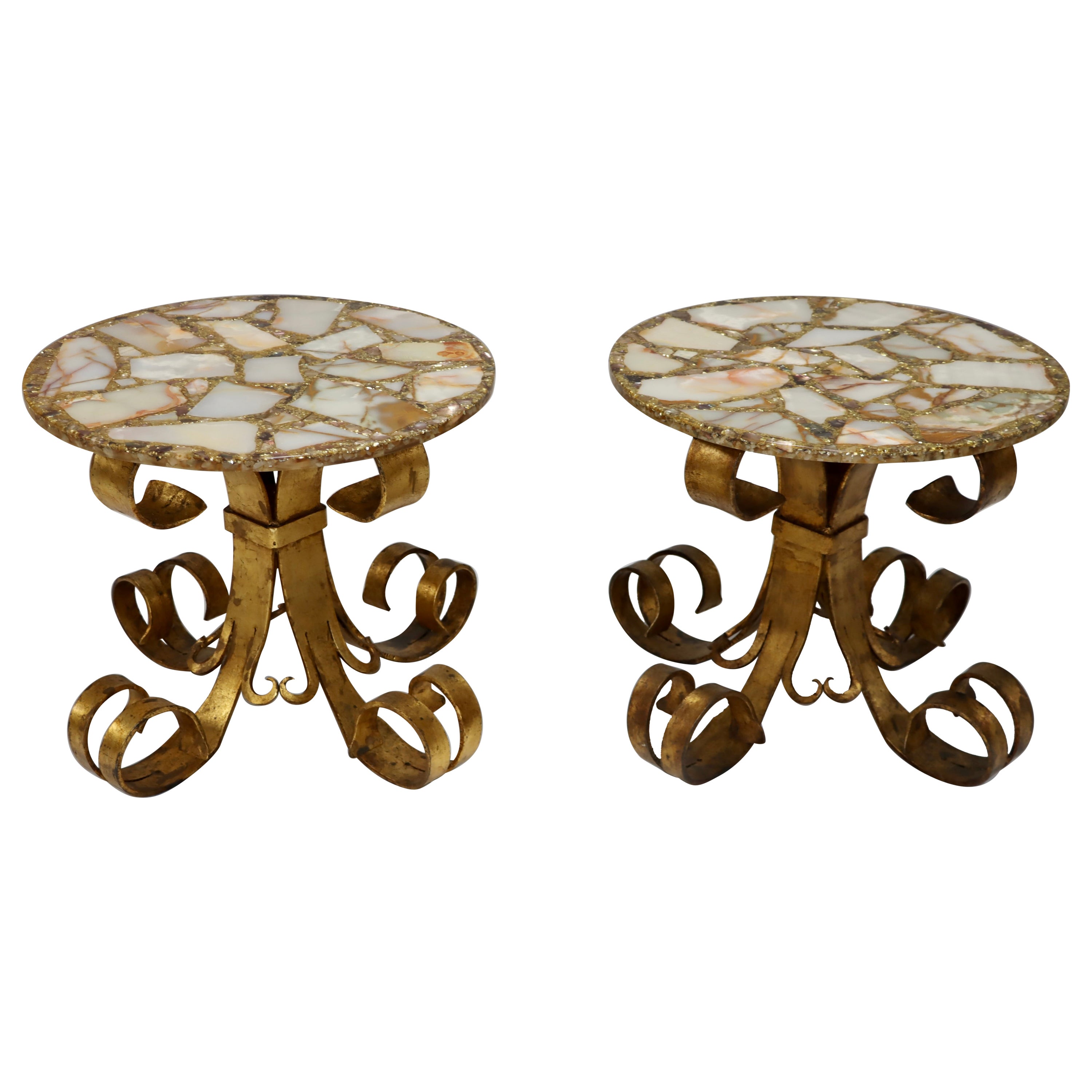 1950s Scrolled Gilt Iron French Side Tables With Onyx Resin Tops  For Sale