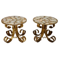 1950s Scrolled Gilt Iron French Side Tables With Onyx Resin Tops 