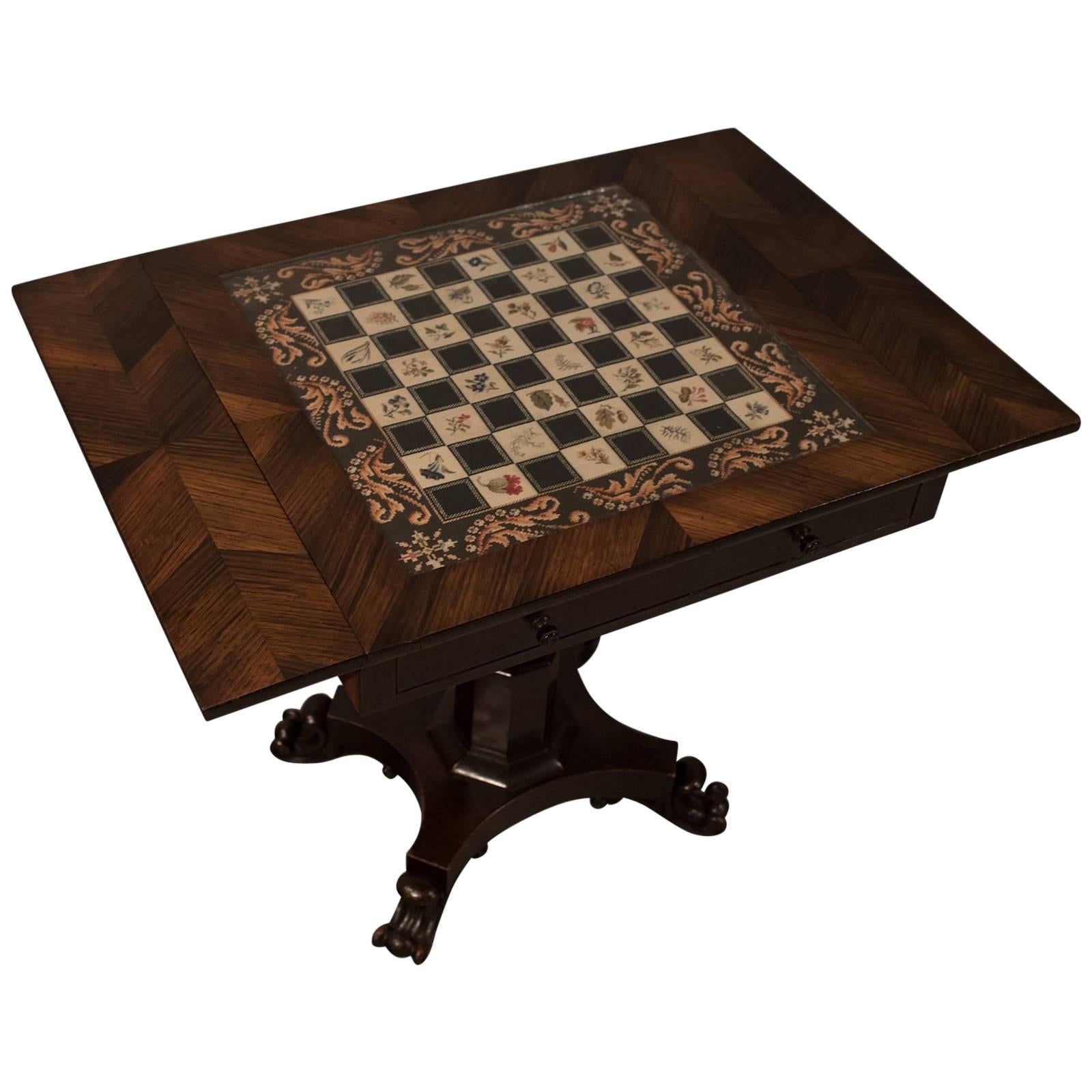 Antique Chess Board Games Table, Quality English Regency in Kingwood, circa 1820