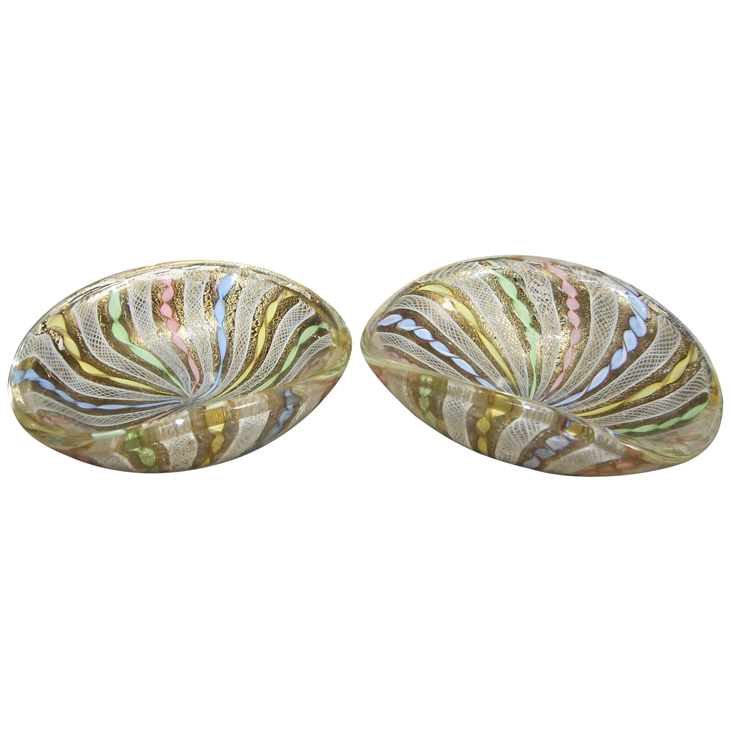 Pair of Murano Latticino Ribbons Glass Bowls