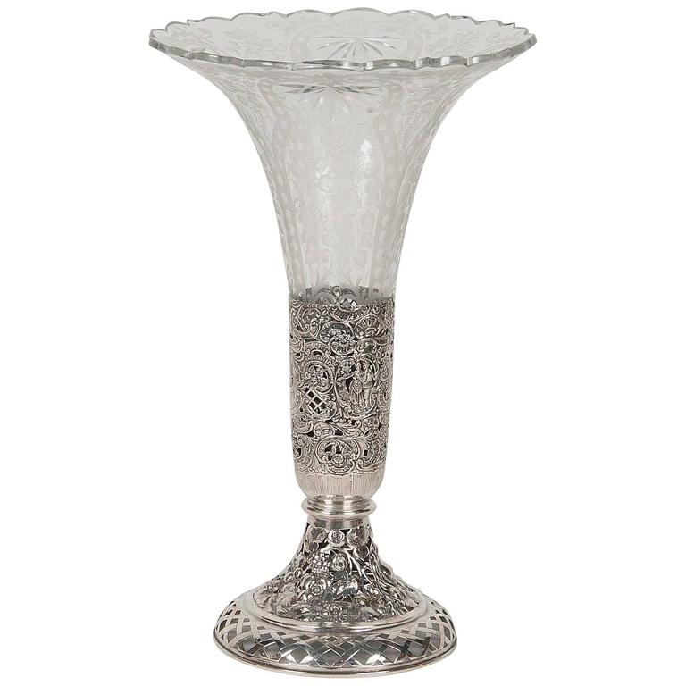 Cut Etched Crystal Vase with Silver Base For Sale at 1stdibs