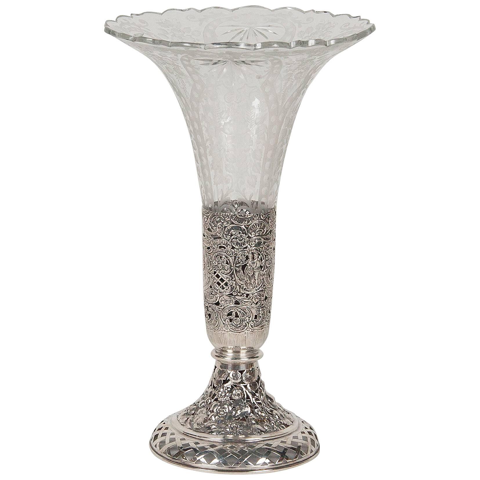 Cut Etched Crystal Vase with Silver Base For Sale