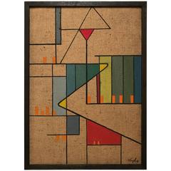 Vintage Geometric Abstraction Oil on Burlap by David Segel